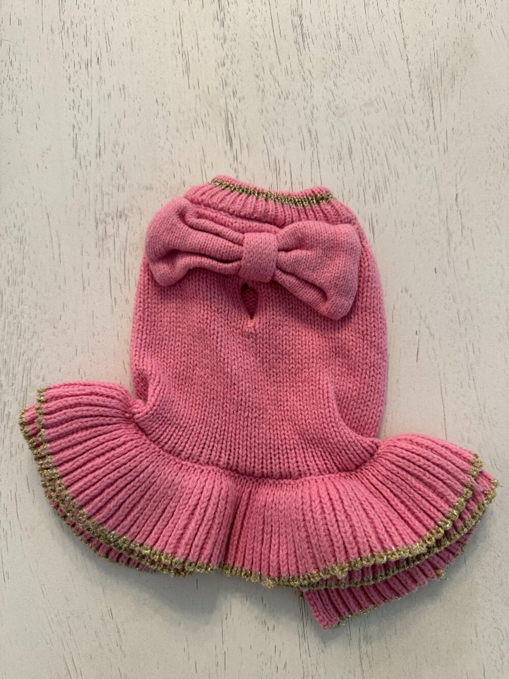 Dog Sweater Pink Knit with large bow, gold trim, Size Small